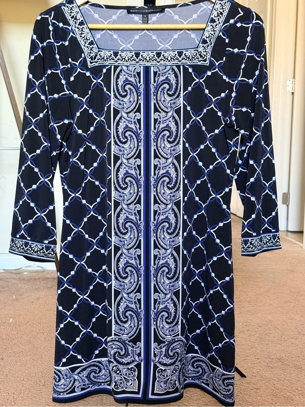 WHBM Tunic 3/4 Sleeve Geometric Trellis Contrasting Ornamental Paisley Border S